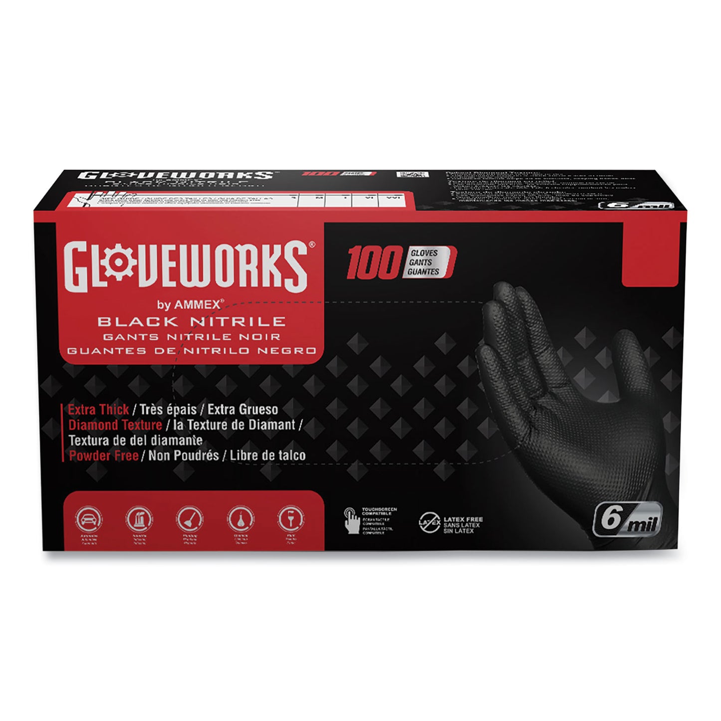 GloveWorks® by AMMEX® Heavy-Duty Industrial Nitrile Gloves, Powder-Free, X-Large, 6 mil Thick, 9.5" Long, Black, 100/Box, 10 Boxes/Carton (AXCGWBN48100)