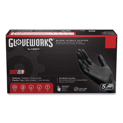 GloveWorks® by AMMEX® Industrial Nitrile Gloves, Powder-Free, Small, 5 mil (Palm), 6 mil (Fingers), 9.5" Long, Black, 100/Box, 10 Boxes/Carton (AXCGPNB42100CT)