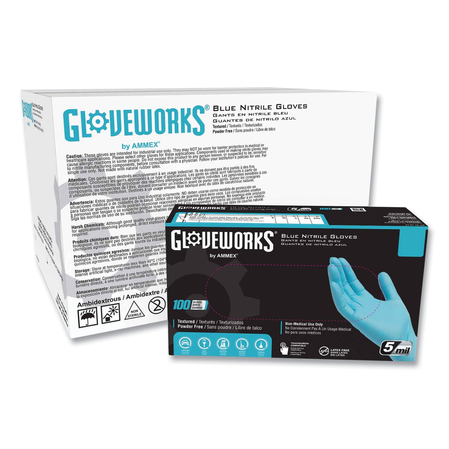 GloveWorks® by AMMEX® Industrial Nitrile Gloves, Powder-Free, Small, 5 mil (Palm), 6 mil (Fingers), 9.5" Long, Blue, 100/Box, 10 Boxes/Carton (AXCINPF42100)