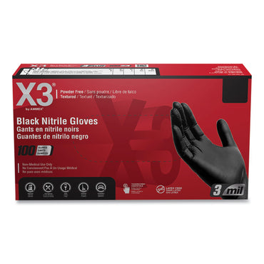 X3® by AMMEX® Industrial Nitrile Gloves, Powder-Free, Medium, 3 mil Thick, 9.5" Long, Black, 100/Box, 10 Boxes/Carton (AXCBX344100)