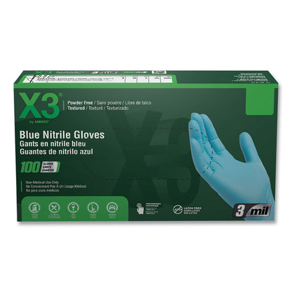 X3® by AMMEX® Industrial Nitrile Gloves, Powder-Free, Large, 3 mil Thick, 9.5" Long, Blue, 100/Box, 10 Boxes/Carton (AXCX346100)