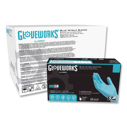 GloveWorks® by AMMEX® Industrial Nitrile Gloves, Powder-Free, X-Large, 5 mil Thick, 9.5" Long, Blue, 100/Box, 10 Boxes/Carton (AXCINPF48100)