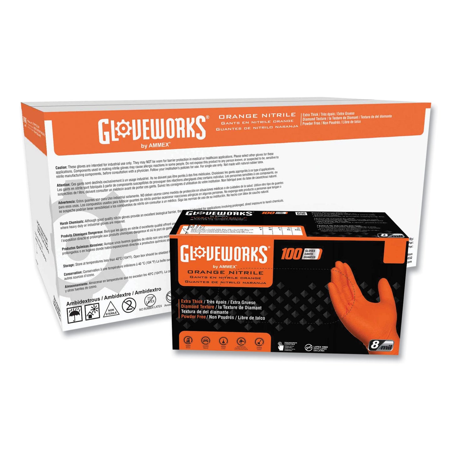 GloveWorks® by AMMEX® Heavy-Duty Industrial Nitrile Gloves, Powder-Free, Small, 8 mil Thick, 9.5" Long, Orange, 100/Box, 10 Boxes/Carton (AXCGWON42100CT)
