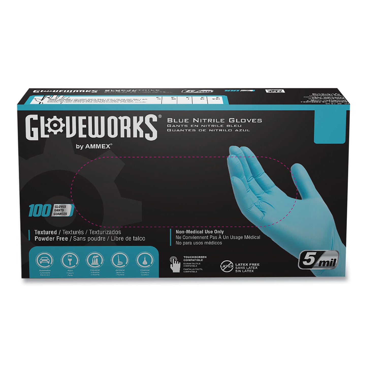 GloveWorks® by AMMEX® Industrial Nitrile Gloves, Powder-Free, Small, 5 mil (Palm), 6 mil (Fingers), 9.5" Long, Blue, 100/Box, 10 Boxes/Carton (AXCINPF42100)
