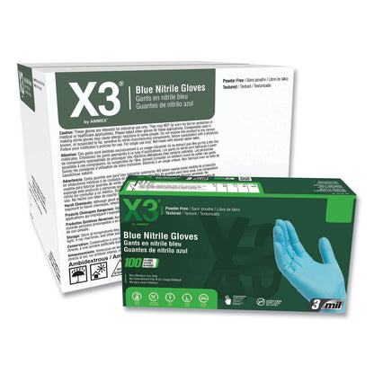 X3® by AMMEX® Industrial Nitrile Gloves, Powder-Free, X-Large, 3 mil Thick, 9.5" Long, Blue, 100/Box, 10 Boxes/Carton (AXCX348100)