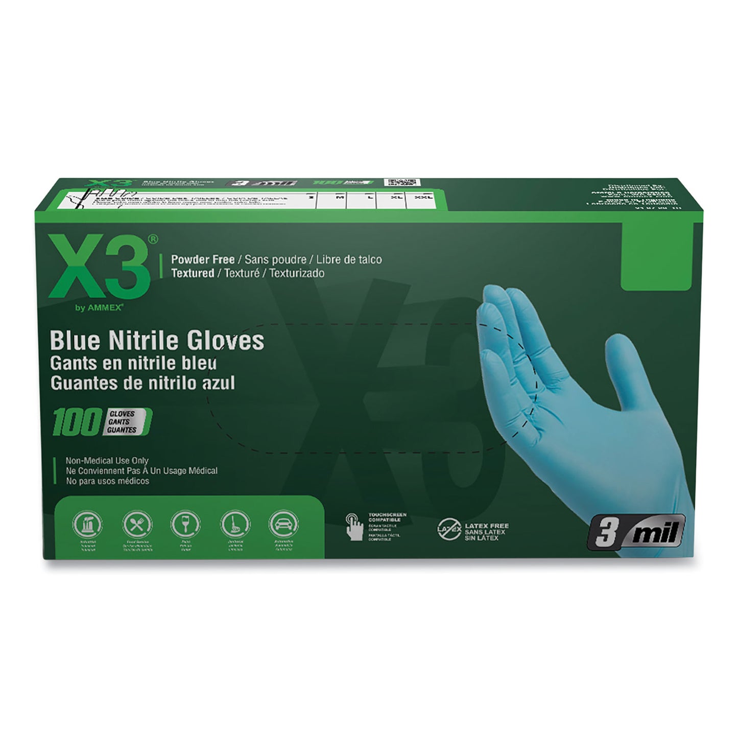 X3® by AMMEX® Industrial Nitrile Gloves, Powder-Free, X-Large, 3 mil Thick, 9.5" Long, Blue, 100/Box, 10 Boxes/Carton (AXCX348100)