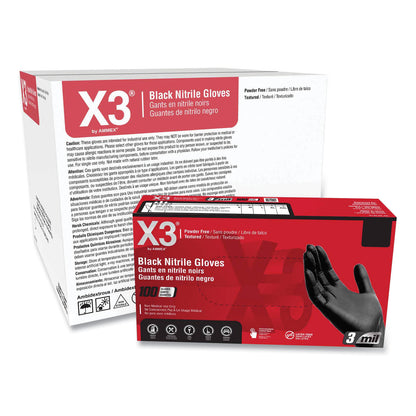 X3® by AMMEX® Industrial Nitrile Gloves, Powder-Free, Medium, 3 mil Thick, 9.5" Long, Black, 100/Box, 10 Boxes/Carton (AXCBX344100)