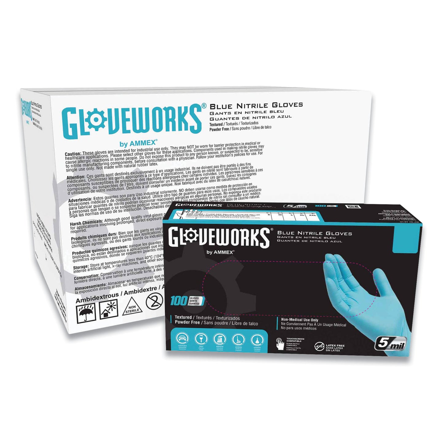 GloveWorks® by AMMEX® Industrial Nitrile Gloves, Powder-Free, Large, 5 mil Thick, 9.5" Long, Blue, 100/Box, 10 Boxes/Carton (AXCINPF46100)