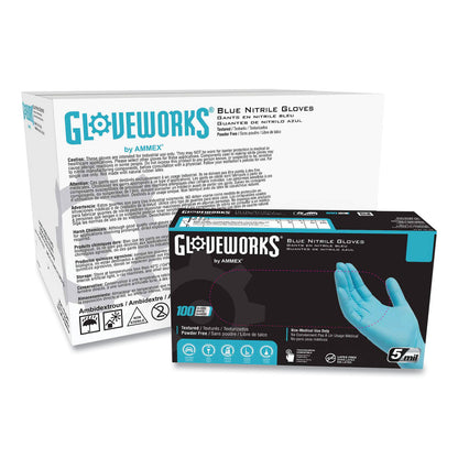 GloveWorks® by AMMEX® Industrial Nitrile Gloves, Powder-Free, Medium, 5 mil Thick, 9.5" Long, Blue, 100/Box, 10 Boxes/Carton (AXCINPF44100)