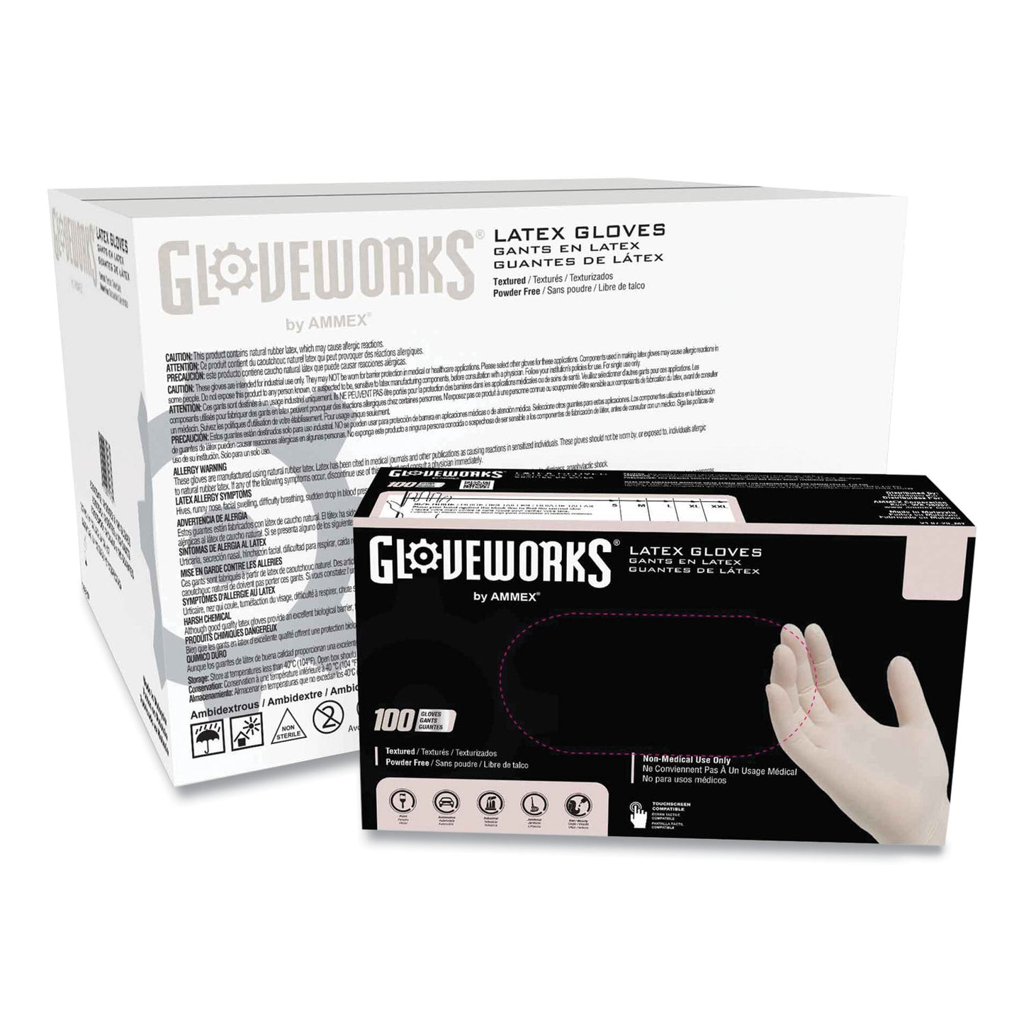 GloveWorks® by AMMEX® Latex Disposable Gloves, Powder-Free, X-Large, 4 mil Thick, 9.5" Long, Ivory, 100/Box, 10 Boxes/Carton (AXCTLF48100)