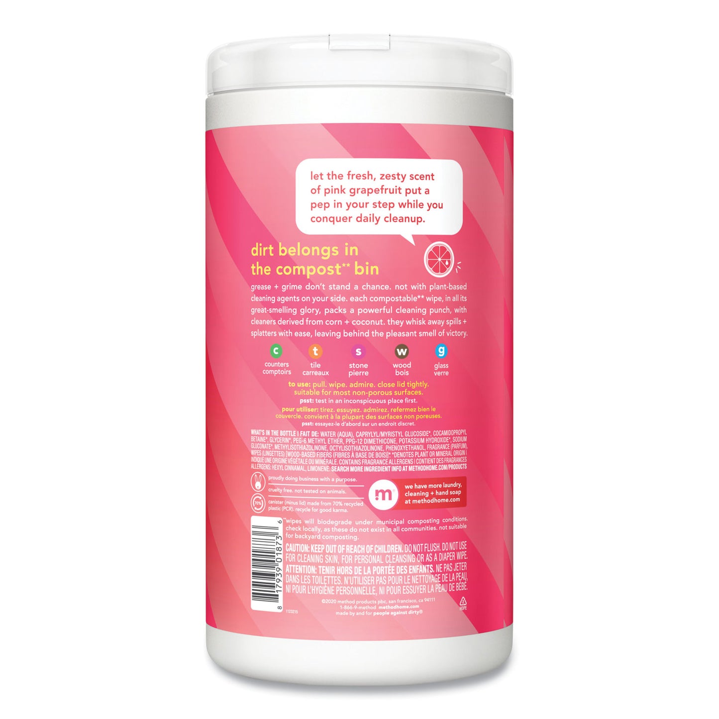 Method® All Purpose Cleaning Wipes, 1 Ply, Pink Grapefruit, White, 70/Canister, 6/Carton (MTH338527CT)