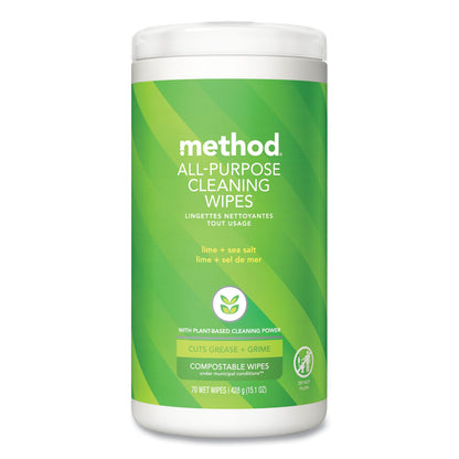 Method® All Purpose Cleaning Wipes, 1 Ply, Lime and Sea Salt, White, 70/Canister, 6/Carton (MTH338525CT)