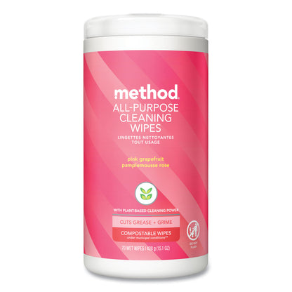 Method® All Purpose Cleaning Wipes, 1 Ply, Pink Grapefruit, White, 70/Canister, 6/Carton (MTH338527CT)