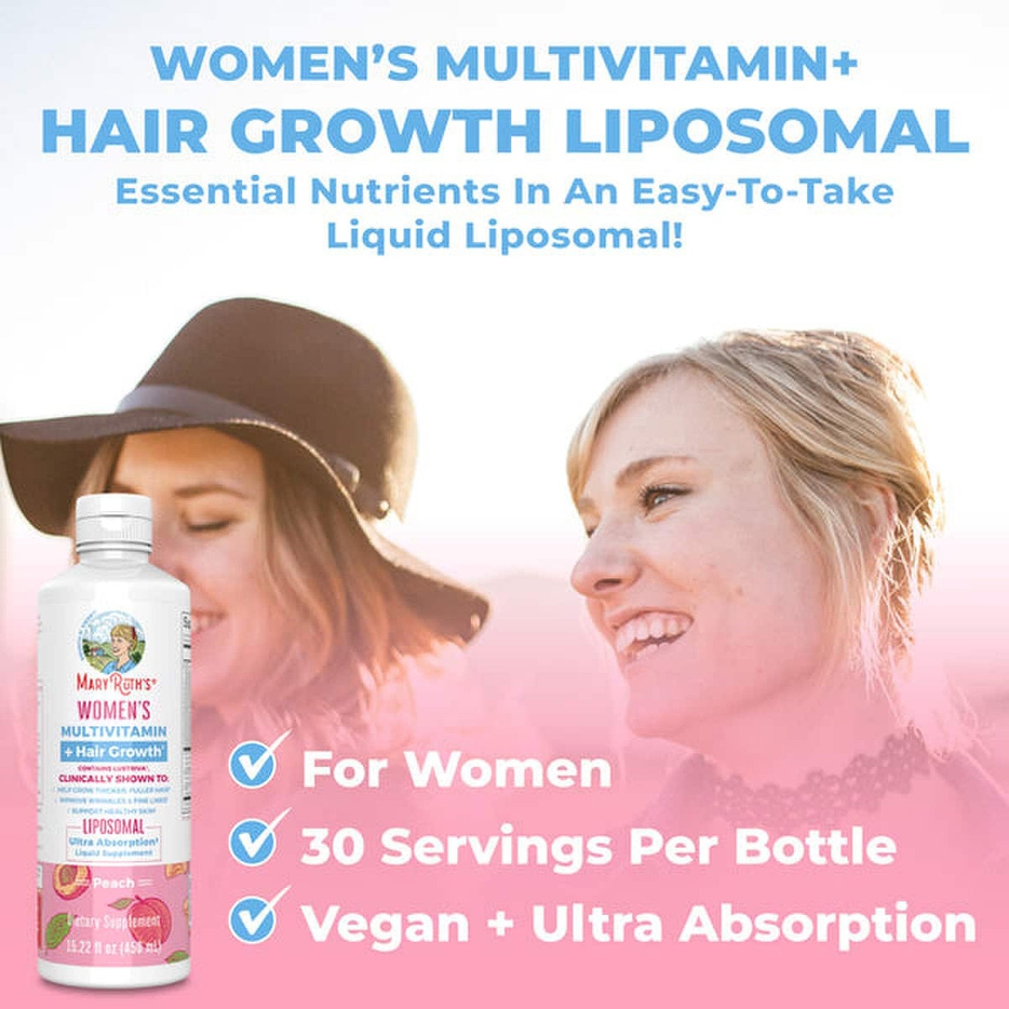 Mary Ruth's® Women's Multivitamin + Hair Growth Liposomal Multivitamin Supplement Vitamin A / D / E / Biotin 500 mcg - 25 mcg - 7 mg - 10,000 mcg Strength Liquid 15.22 oz. Peach Flavor (1271767_EA)