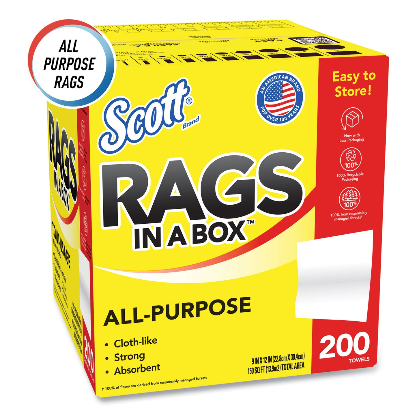 Scott® Rags in a Box, POP-UP Box, 12 x 9, White, 200/Box (KCM75260)