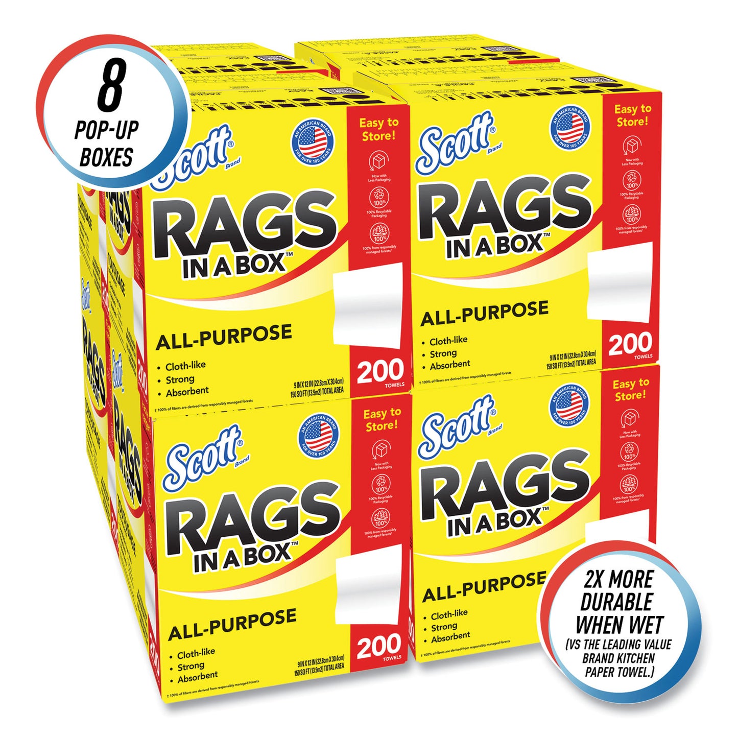 Scott® Rags in a Box, POP-UP Box, 12 x 9, White, 200/Box, 8 Boxes/Carton (KCM75260CT)