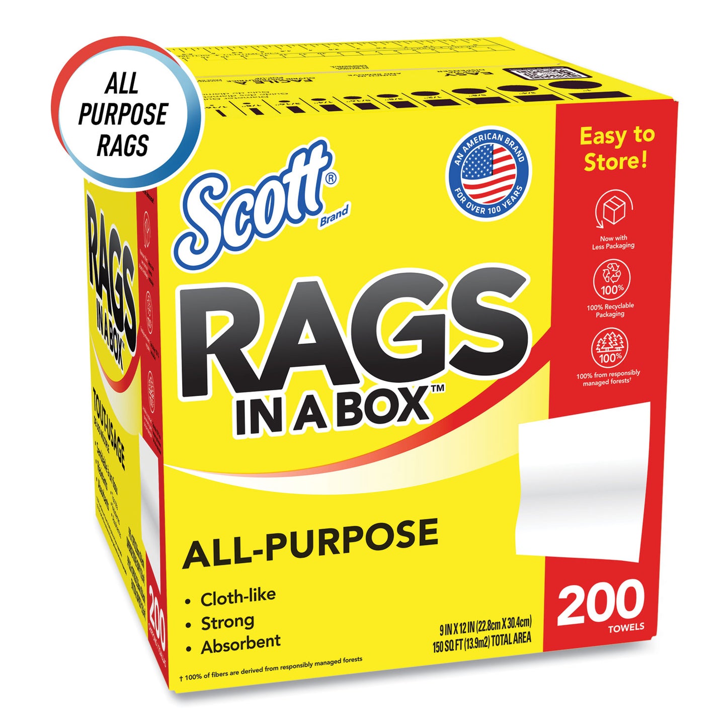 Scott® Rags in a Box, POP-UP Box, 12 x 9, White, 200/Box, 8 Boxes/Carton (KCM75260CT)