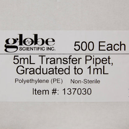 Globe Scientific Transfer Pipette 5 mL 0.25 mL Graduation Increments NonSterile (541271_CS)