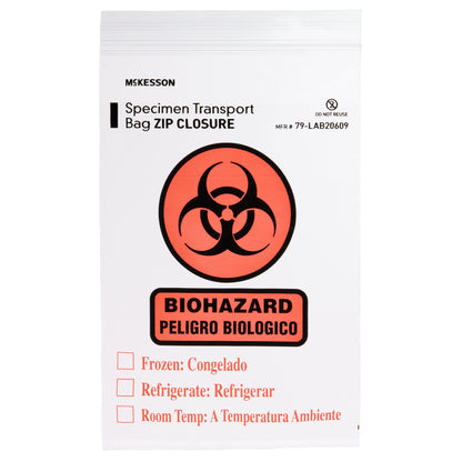 McKesson Specimen Transport Bag with Document Pouch 6 X 9 Inch Zip Closure Biohazard Symbol / Storage Instructions NonSterile (547075_EA)