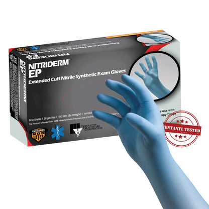 NitriDerm® EP Exam Glove Large NonSterile Nitrile Extended Cuff Length Fully Textured Blue Chemo Tested / Fentanyl Tested (812547_BX)