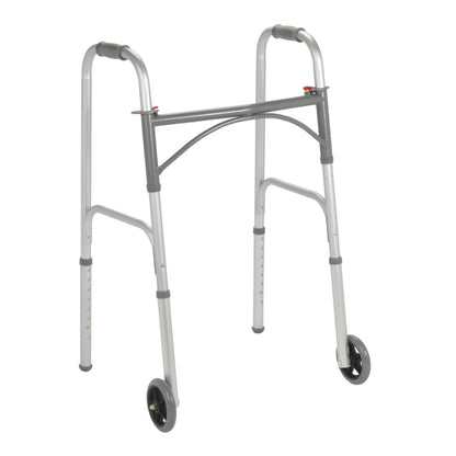 McKesson Dual Release Folding Walker with Wheels Adjustable Height Steel Frame 350 lbs. Weight Capacity 32 to 39 Inch Height (1128909_EA)