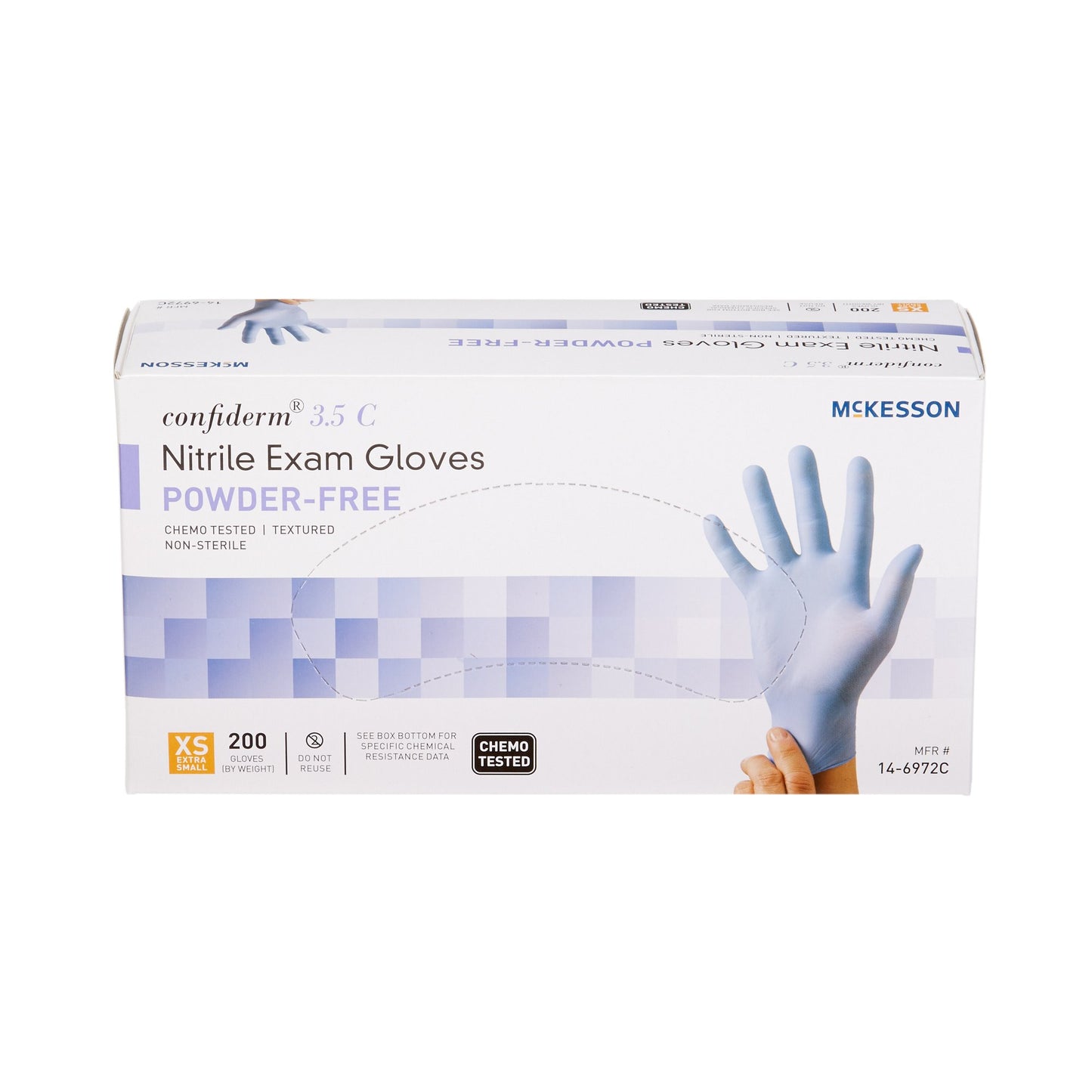McKesson Confiderm® 3.5C Exam Glove X-Small NonSterile Nitrile Standard Cuff Length Textured Fingertips Blue Chemo Tested (765873_BX)