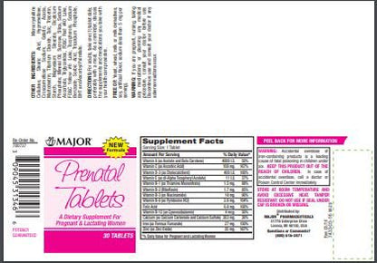 Major® Prenatal Vitamin Supplement Vitamin A / Vitamin C / Vitamin D / Vitamin E 1200 mcg / 100 mg / 10 mcg (400 IU) / 5 mg Strength Tablet 30 per Bottle (898536_BT)