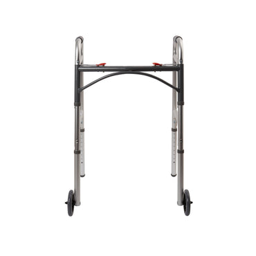 McKesson Dual Release Folding Walker with Wheels Adjustable Height Aluminum Frame 350 lbs. Weight Capacity 32 to 39 Inch Height (1073638_EA)