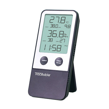Traceable® Digital Thermometer / Hygrometer Fahrenheit / Celsius 32° to 122°F (0° to 50°C) Internal Sensor Flip-out Stand / Wall Mount Battery Operated (897971_EA)