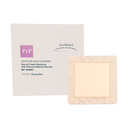 ZeniFOAM Gentle Border Foam Dressing 9 X 9 Inch With Border Waterproof Backing Silicone Face and Border Sacral Sterile (1260112_EA)