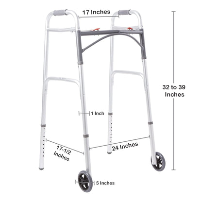 McKesson Dual Release Folding Walker with Wheels Adjustable Height Aluminum Frame 350 lbs. Weight Capacity 32 to 39 Inch Height (1076176_EA)