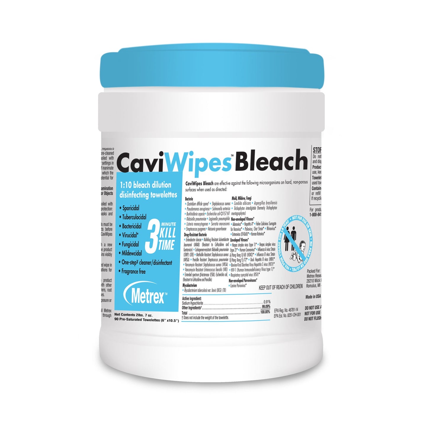 CaviWipes™ Bleach Surface Disinfectant Cleaner Premoistened Manual Pull Wipe 90 Count Canister Bleach Scent NonSterile (1079899_CS)