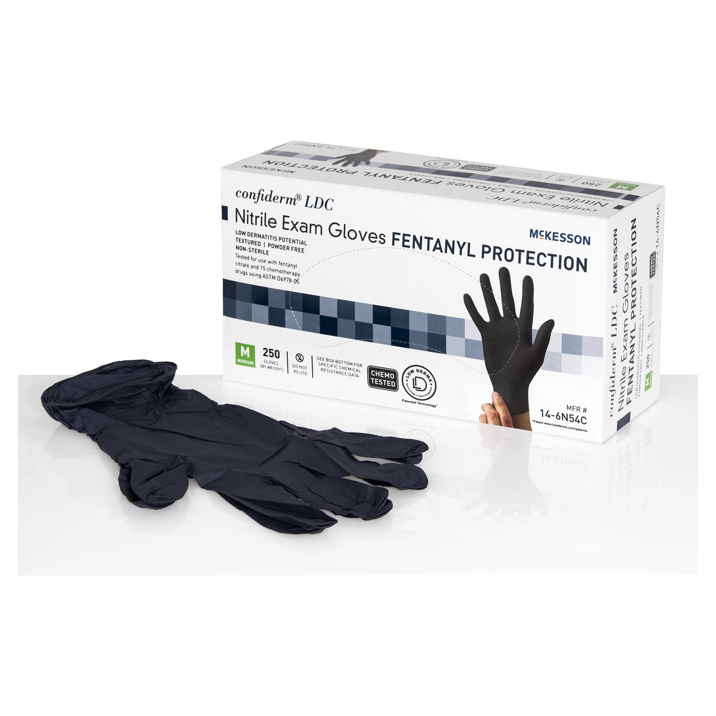 McKesson Confiderm® LDC Exam Glove Medium NonSterile Nitrile Standard Cuff Length Fully Textured Black Chemo Tested / Fentanyl Tested (1159334_CS)