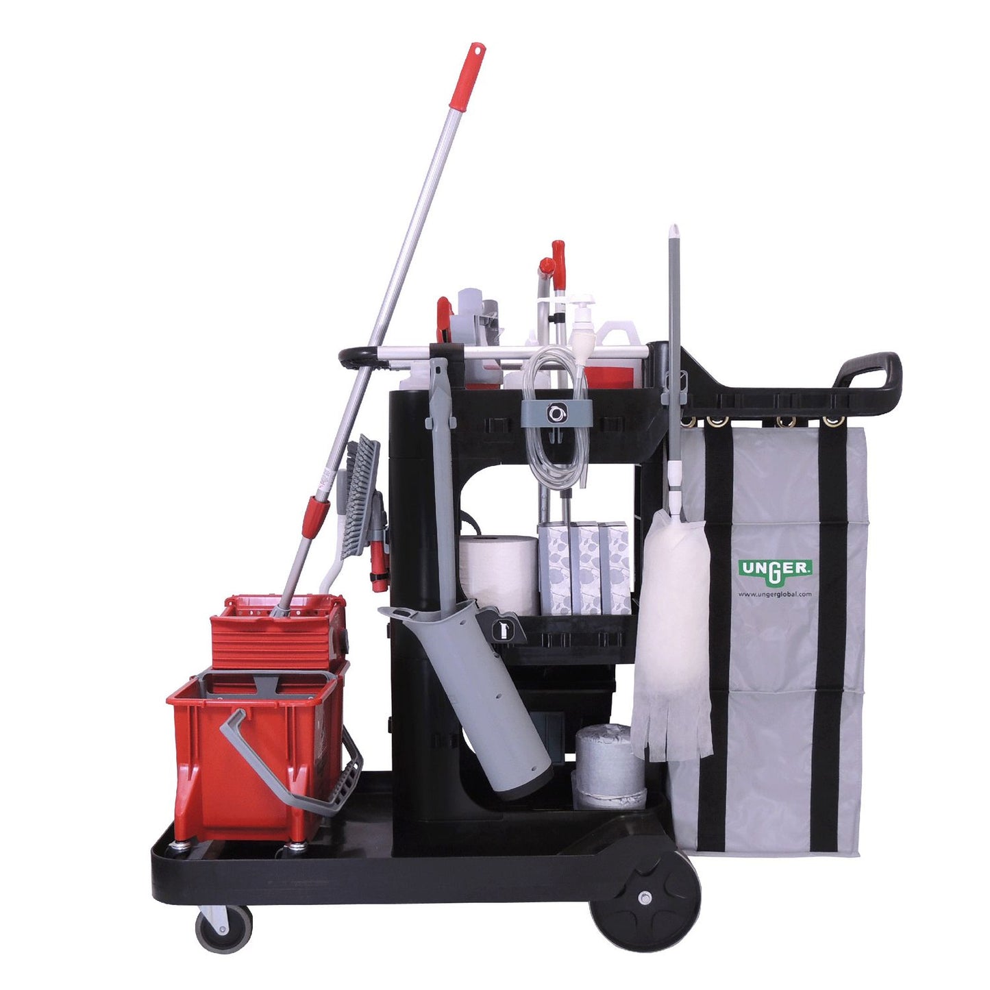 Unger® RestroomRx Janitorial Carts with 16 Qt Bucket, Plastic, 2 Shelves, 23.5 x 19 x 25, Black (UNGRRSPC)