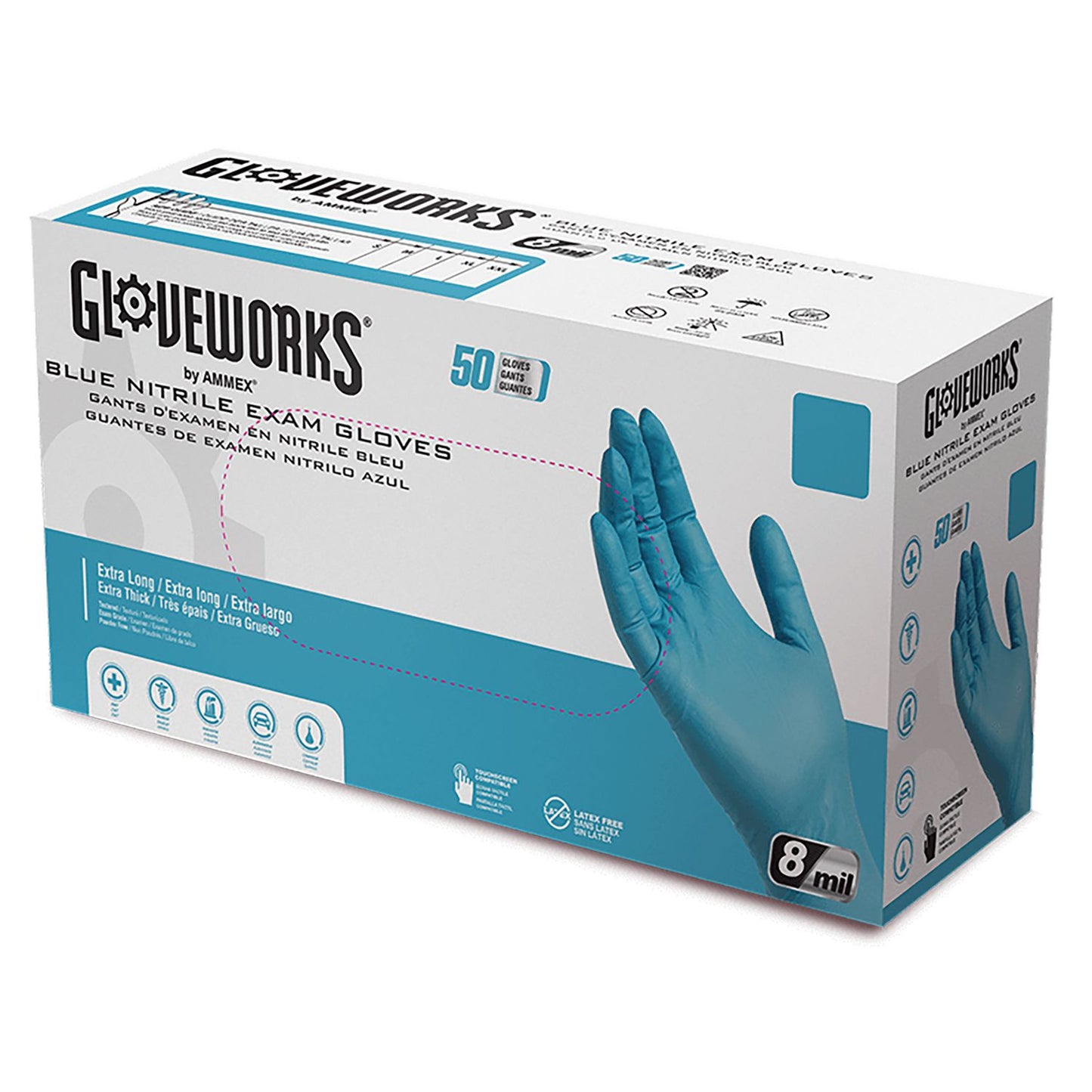 GloveWorks® by AMMEX® Blue Nitrile Exam Gloves, Powder-Free, Medium, 8 mil Thick, 11.6" Long, Blue, 50/Box, 10 Boxes/Carton (AXCGPNHD64100)