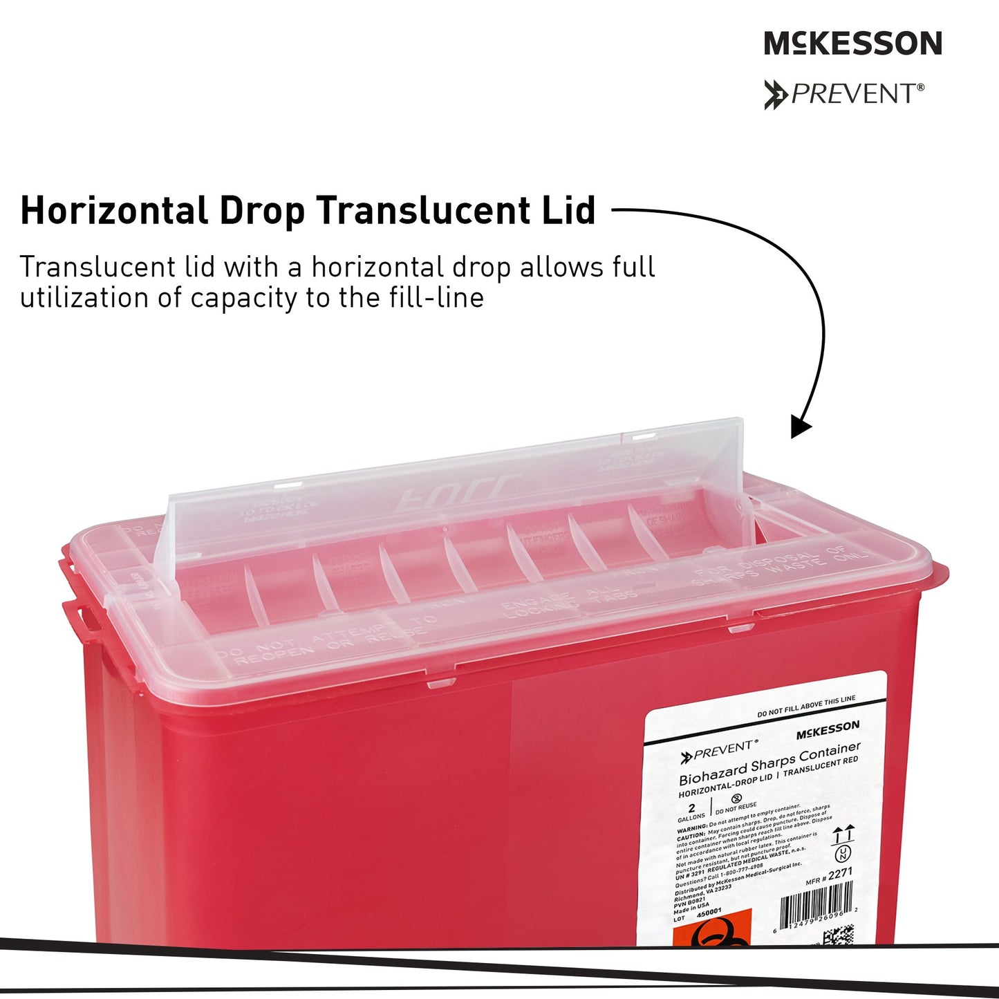 McKesson Prevent® Sharps Container Translucent Red Base 9-1/4 H X 10 W X 6 D Inch Horizontal Entry 2 Gallon (1202201_EA)