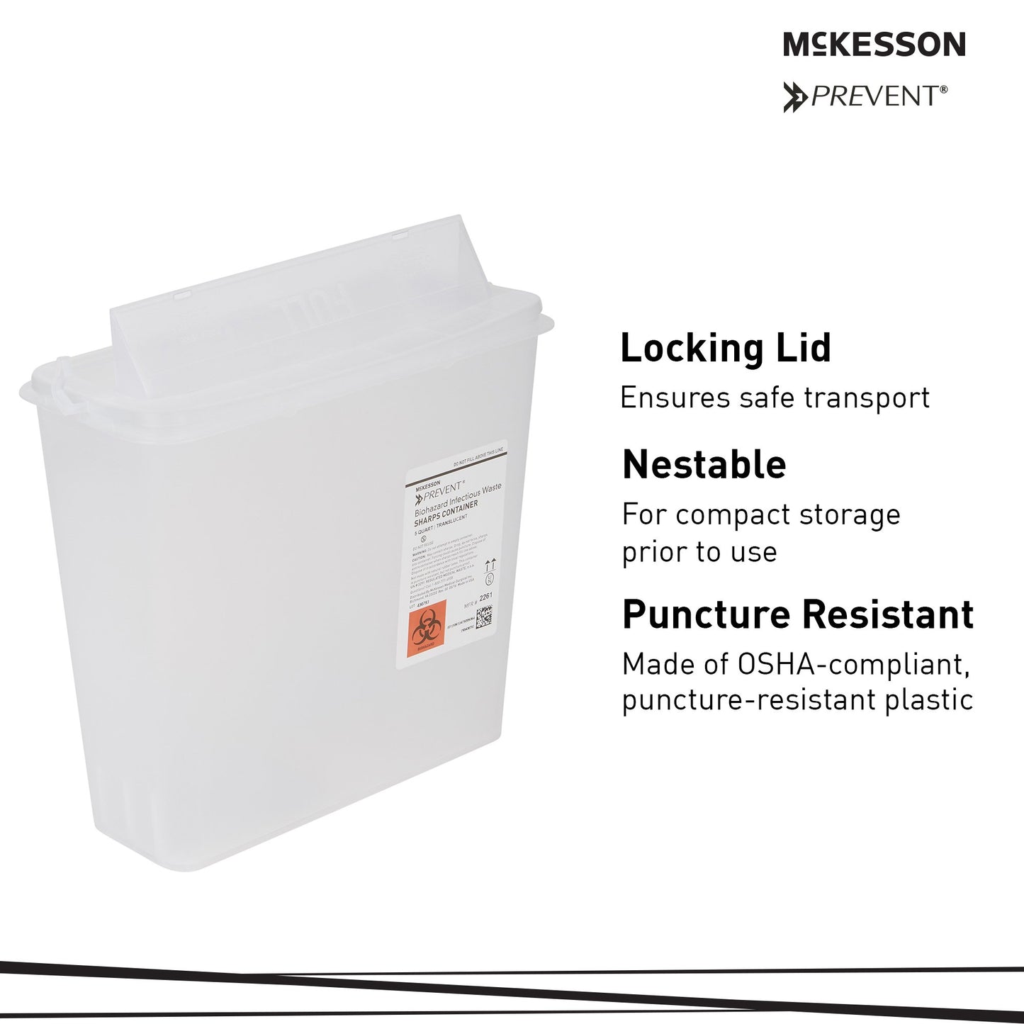 McKesson Prevent® Sharps Container Translucent Base 10-3/4 H X 10-1/2 W X 4-3/4 D Inch Horizontal Entry 1.25 Gallon (855126_EA)