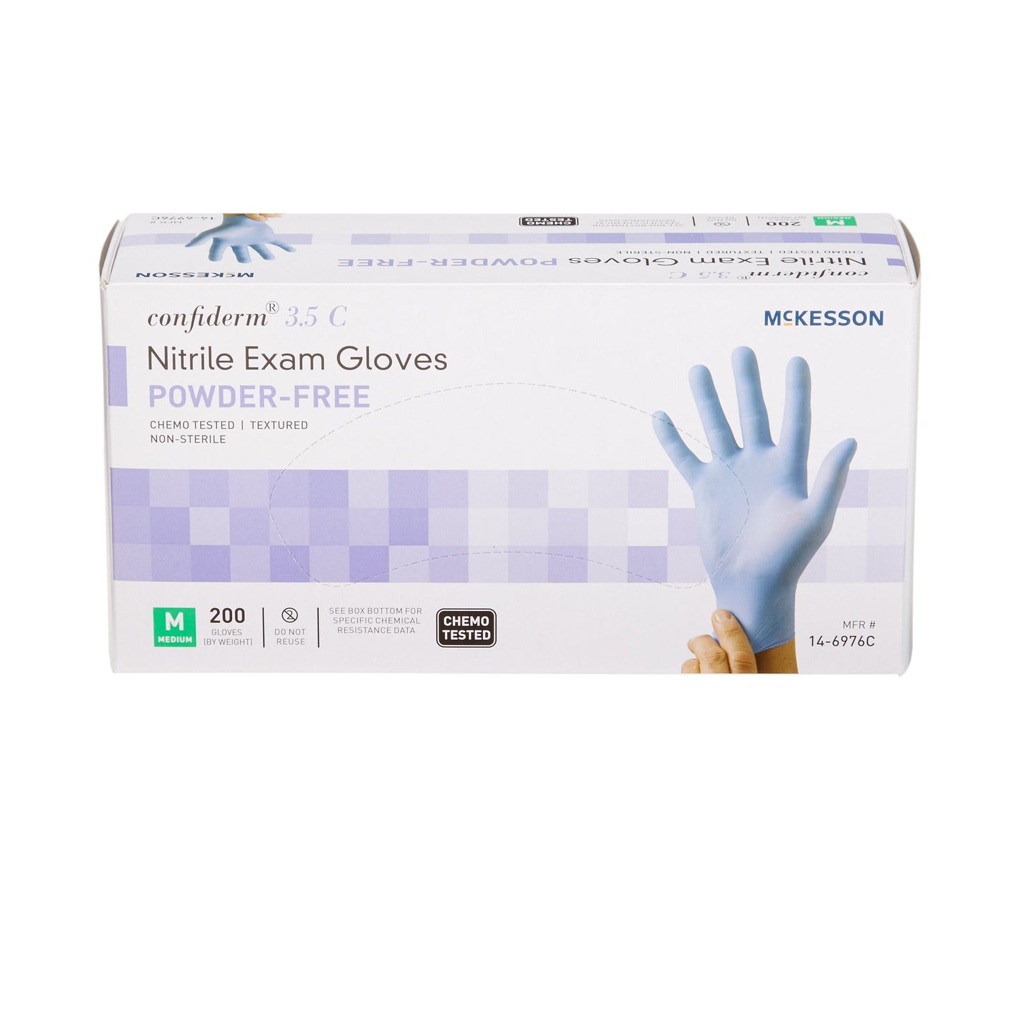 McKesson Confiderm® 3.5C Exam Glove Medium NonSterile Nitrile Standard Cuff Length Textured Fingertips Blue Chemo Tested (765875_CS)