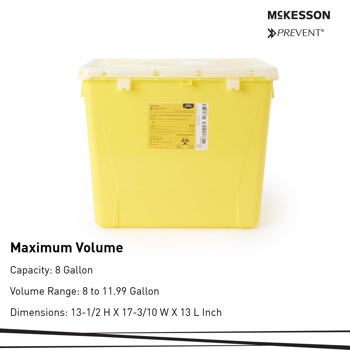 McKesson Prevent® Chemotherapy Waste Container Yellow Base 13-1/2 H X 17-3/10 W X 13 L Inch Vertical Entry 8 Gallon (854427_CS)