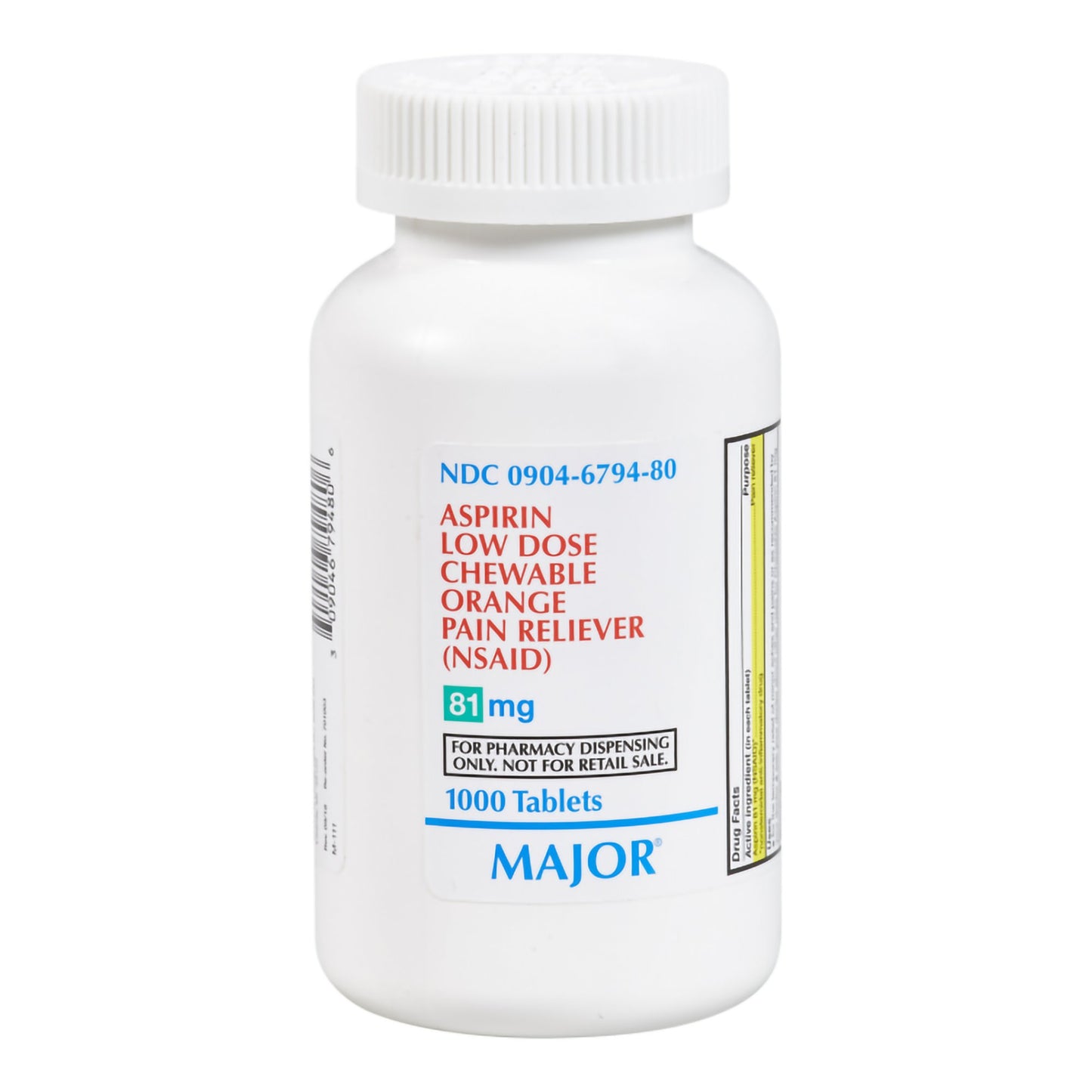 Major® Low Dose Pain Relief 81 mg Strength Aspirin Chewable Tablet 1,000 per Bottle (1112764_BT)