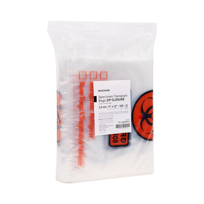 McKesson Specimen Transport Bag with Document Pouch 9 X 12 Inch Zip Closure Biohazard Symbol / Storage Instructions NonSterile (529909_PK)