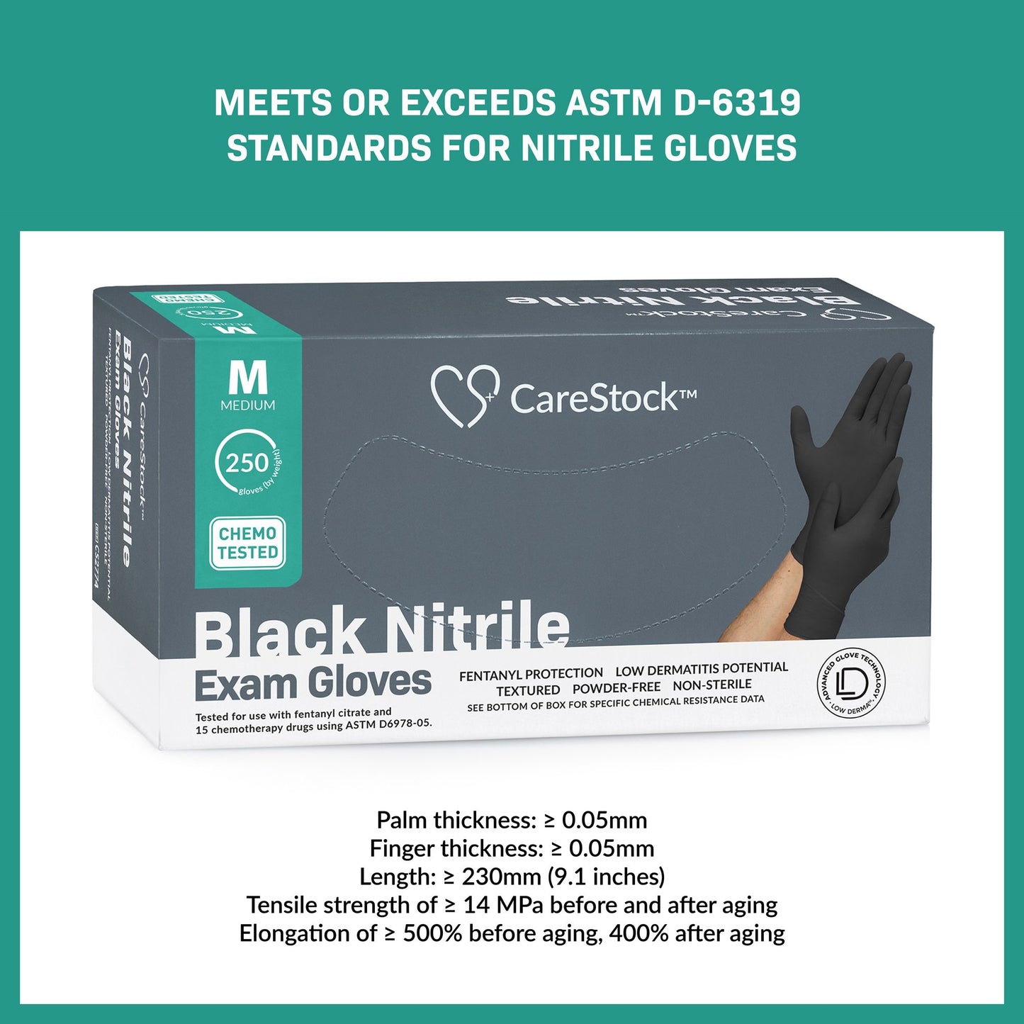 CareStock™ Exam Glove Medium NonSterile Nitrile Standard Cuff Length Fully Textured Black Not Rated (1230893_CS)