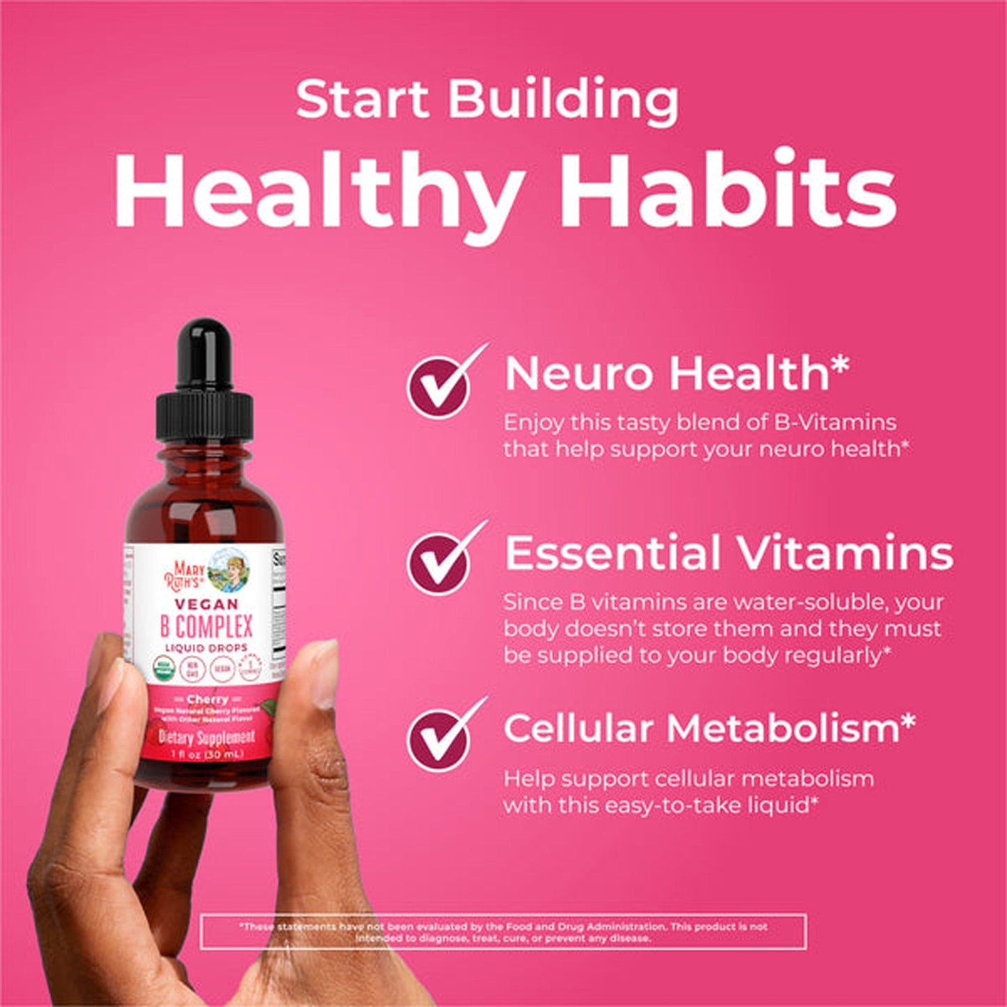 Mary Ruth's® Vegan B-Complex Dietary Supplement Niacin / Vitamin B6 / Folate / B12 / Biotin 2 mg - 2 mg - 400 mcg - 1,500 mcg - 2,500 mcg Strength Drop 1 oz. Cherry Flavor (1271766_EA)