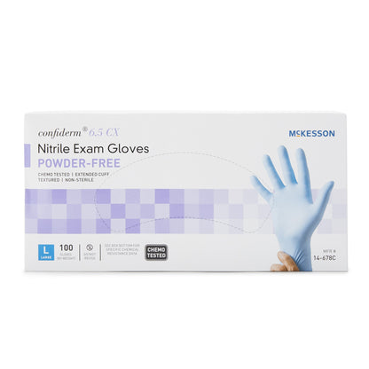 McKesson Confiderm® 6.5CX Exam Glove Large NonSterile Nitrile Extended Cuff Length Textured Fingertips Blue Chemo Tested (921608_CS)