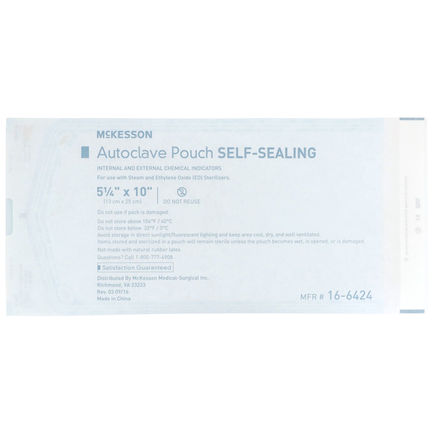 McKesson Sterilization Pouch Ethylene Oxide (EO) Gas / Steam 5-1/4 X 10 Inch Transparent Blue / White Self Seal Paper / Film (960944_BX)