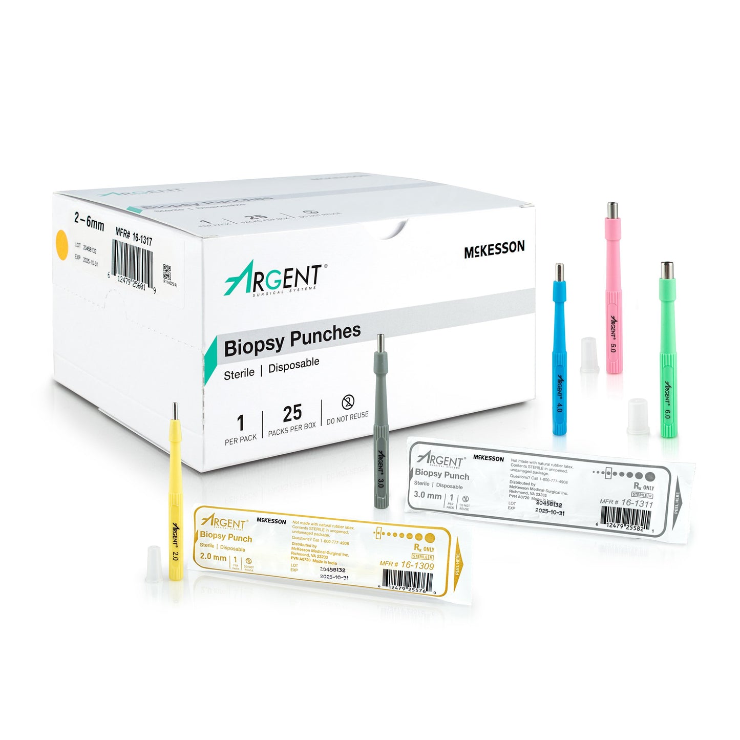 McKesson Argent™ Biopsy Punch Dermal Five 2 mm, Five 3 mm, Five 4 mm, Five 5 mm, and Five 6 mm (1175179_CS)