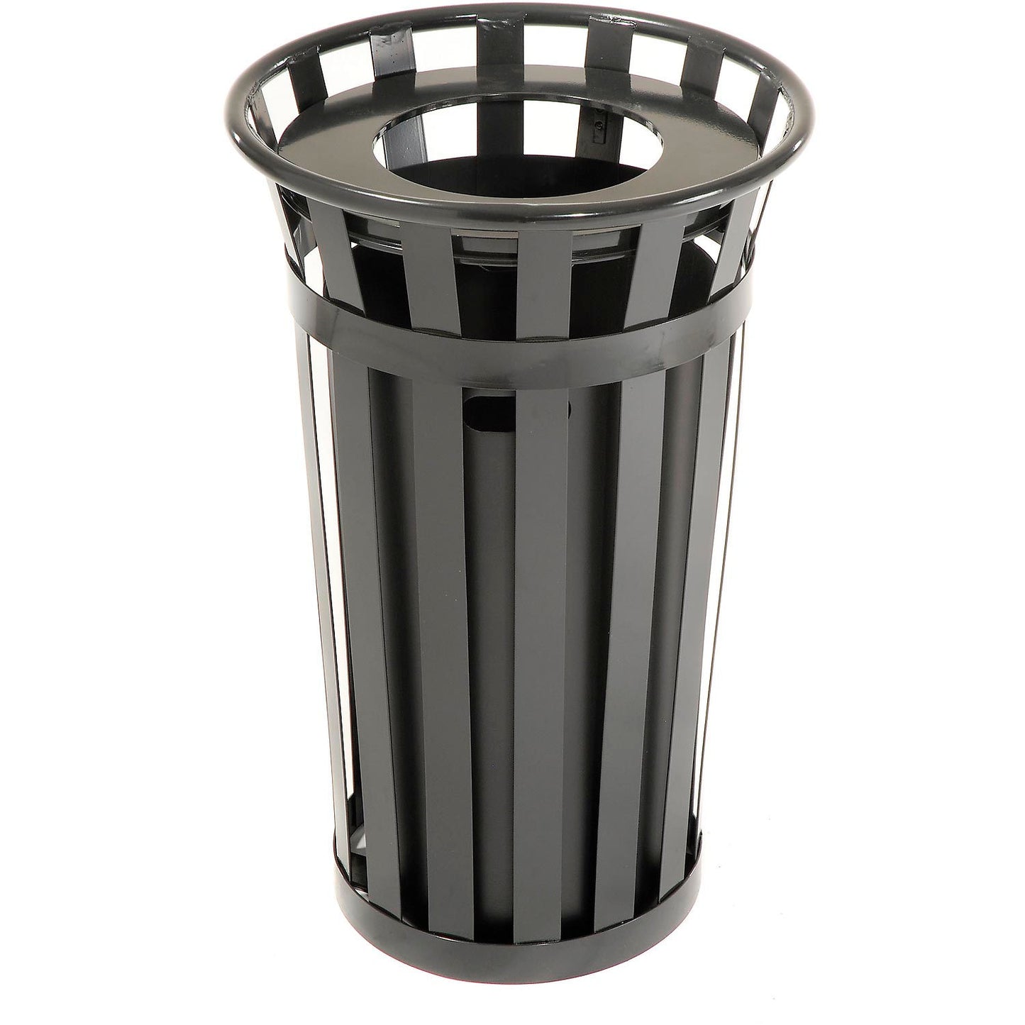 Global Industrial Outdoor Slatted Steel Trash Can With Flat Lid & Liner, 24 Gallon, Black (WB237725BK)