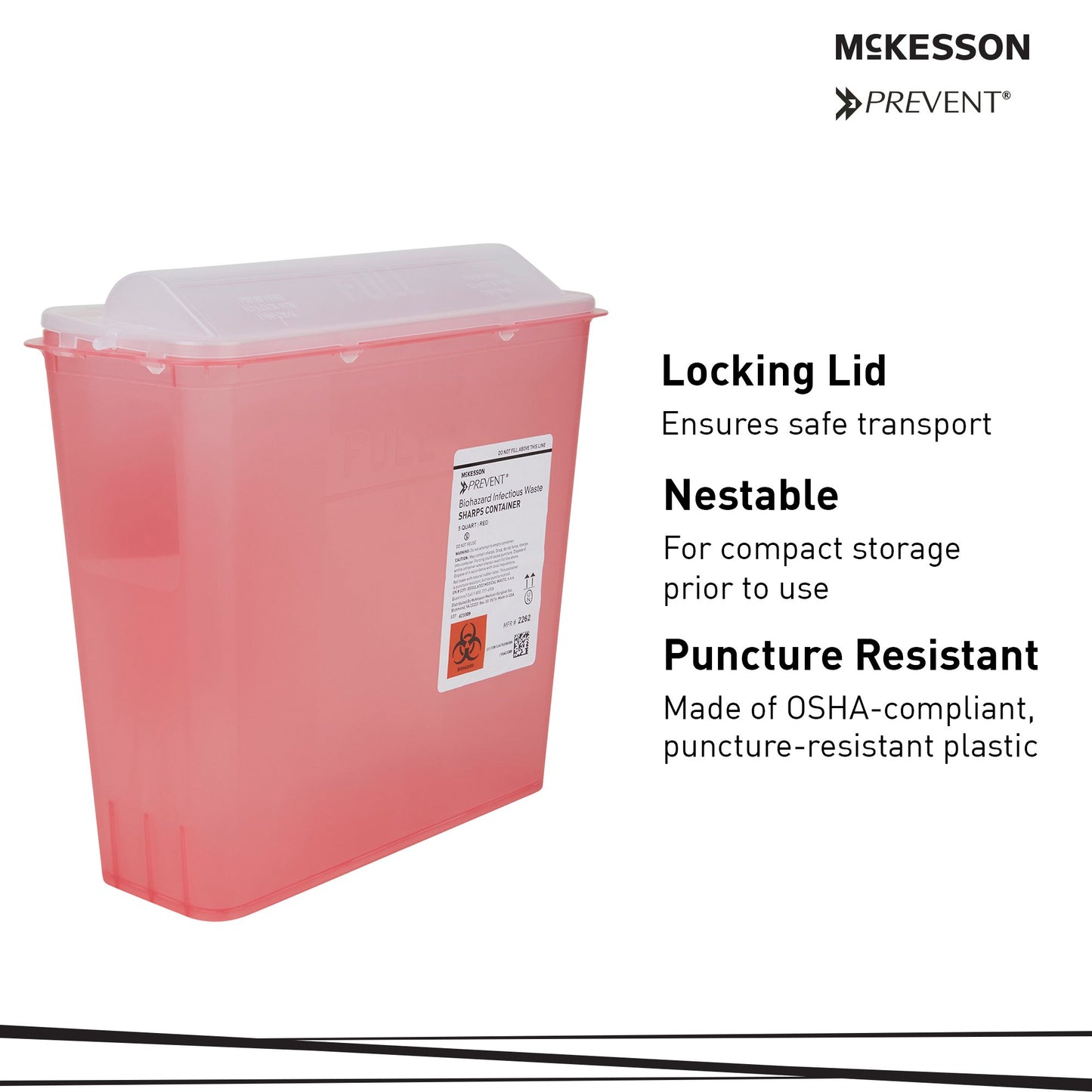 McKesson Prevent® Sharps Container Translucent Red Base 10-3/4 H X 10-1/2 W X 4-3/4 D Inch Horizontal Entry 1.25 Gallon (881399_BX)