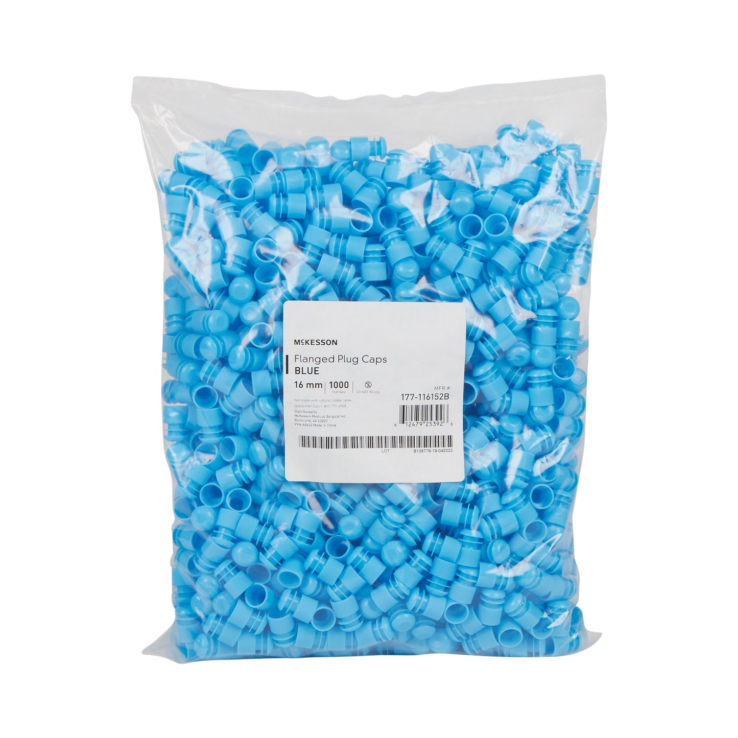 McKesson Tube Closure Polyethylene Flanged Plug Cap Blue 16 mm For Use with 16 mm Blood Drawing Tubes, Glass Test Tubes, Plastic Culture Tubes NonSterile (1175407_BG)