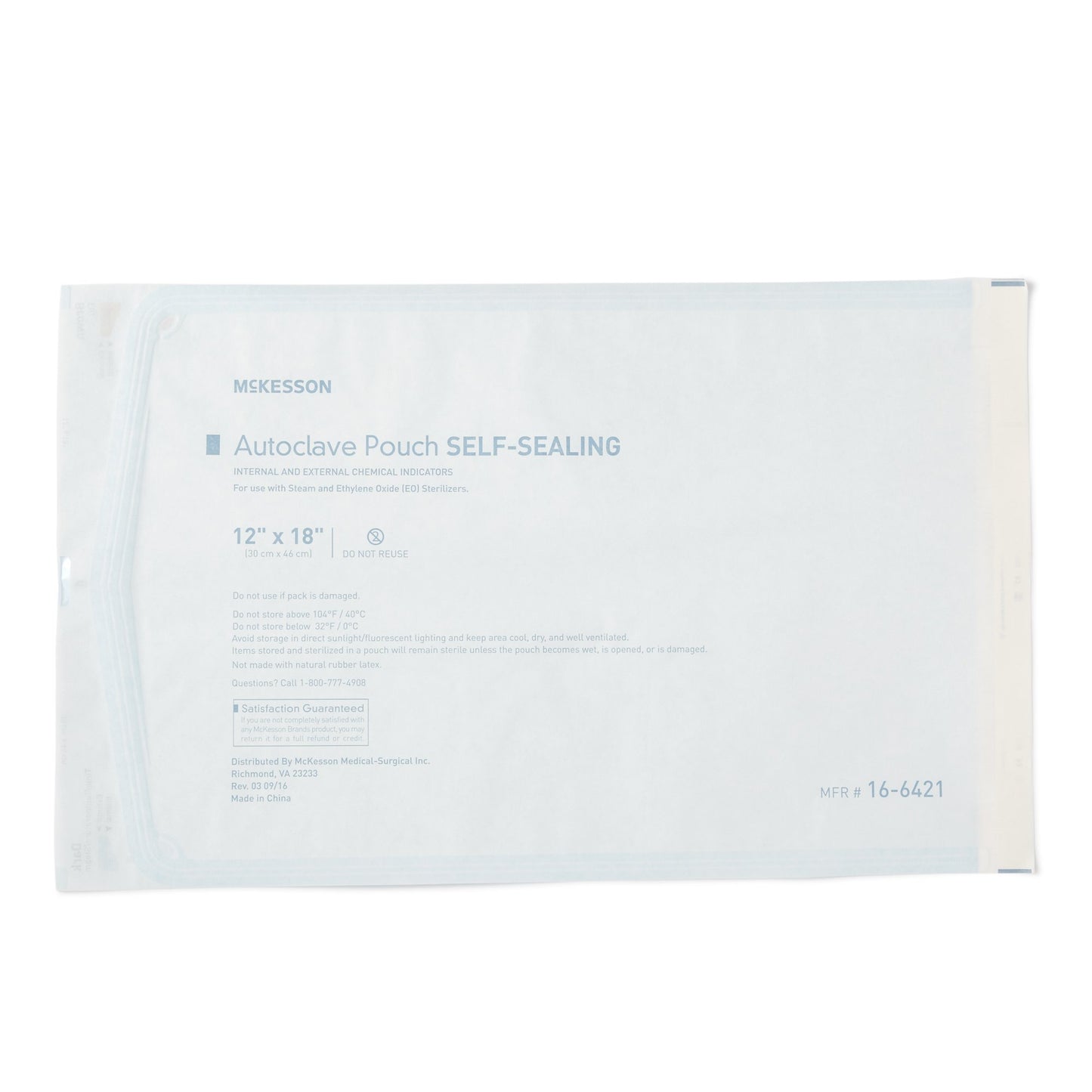 McKesson Sterilization Pouch Ethylene Oxide (EO) Gas / Steam 12 X 18 Inch Transparent Blue / White Self Seal Paper / Film (960948_CS)